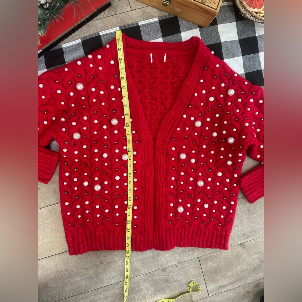 New BiBi Luxury Pearl & Rhinestone Chunky Knit Holiday Cardigan Grannycore Small - Picture 16 of 16